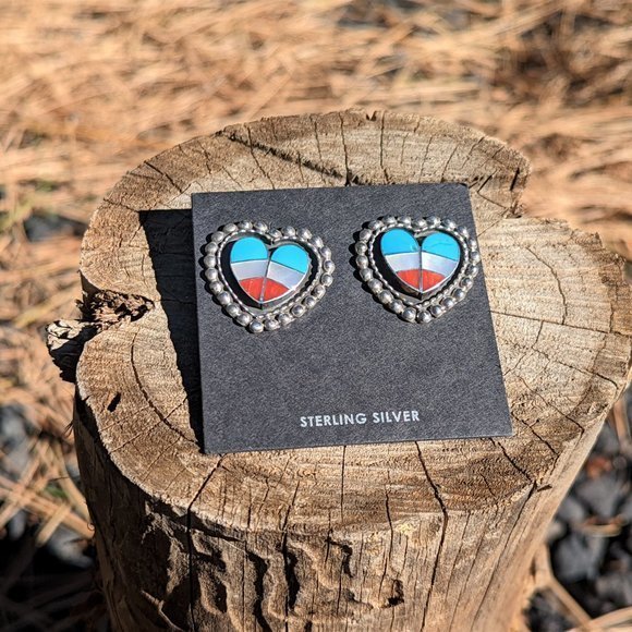 Zuni Heart Shaped Earrings, Sterling‎ Silver Multi Stones Handmade Jewelry *** - Picture 3 of 8